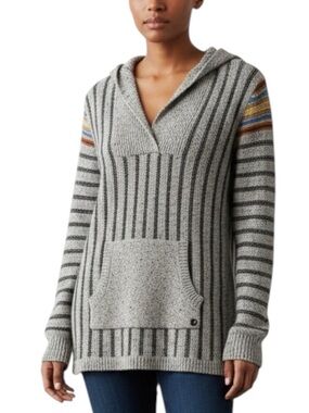 Roxy Gray Striped Hooded Knit Boho Hippie Pocket Sweater